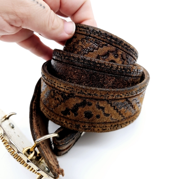 Large horse pony hair western cowboy buckle tooled leather belt - Picture 2 of 6